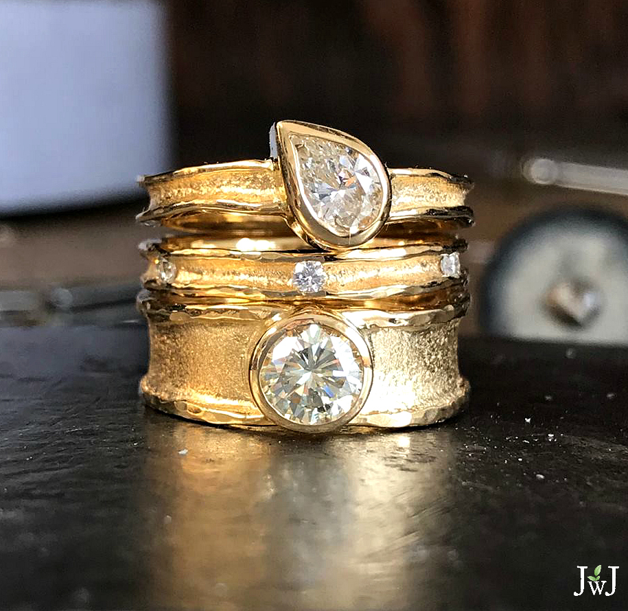 Ancient modern wedding bands and engagement rings.