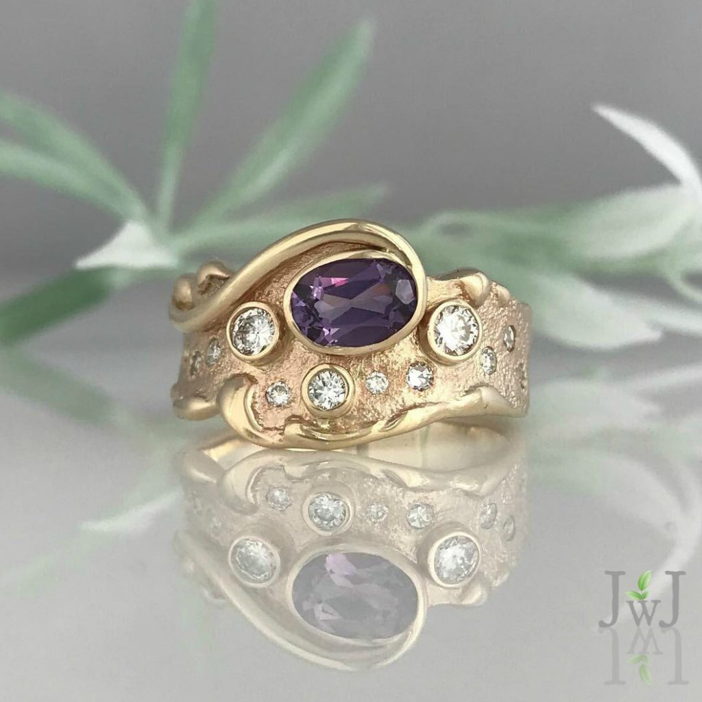 Recycled Diamonds and Recycled Gold make the Amethyst Wave Ring