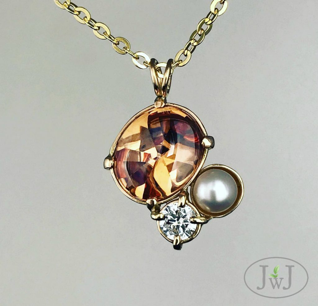 Mexican Fire Opal Pendant with recycled Gold, Diamond and a cultured pearl.